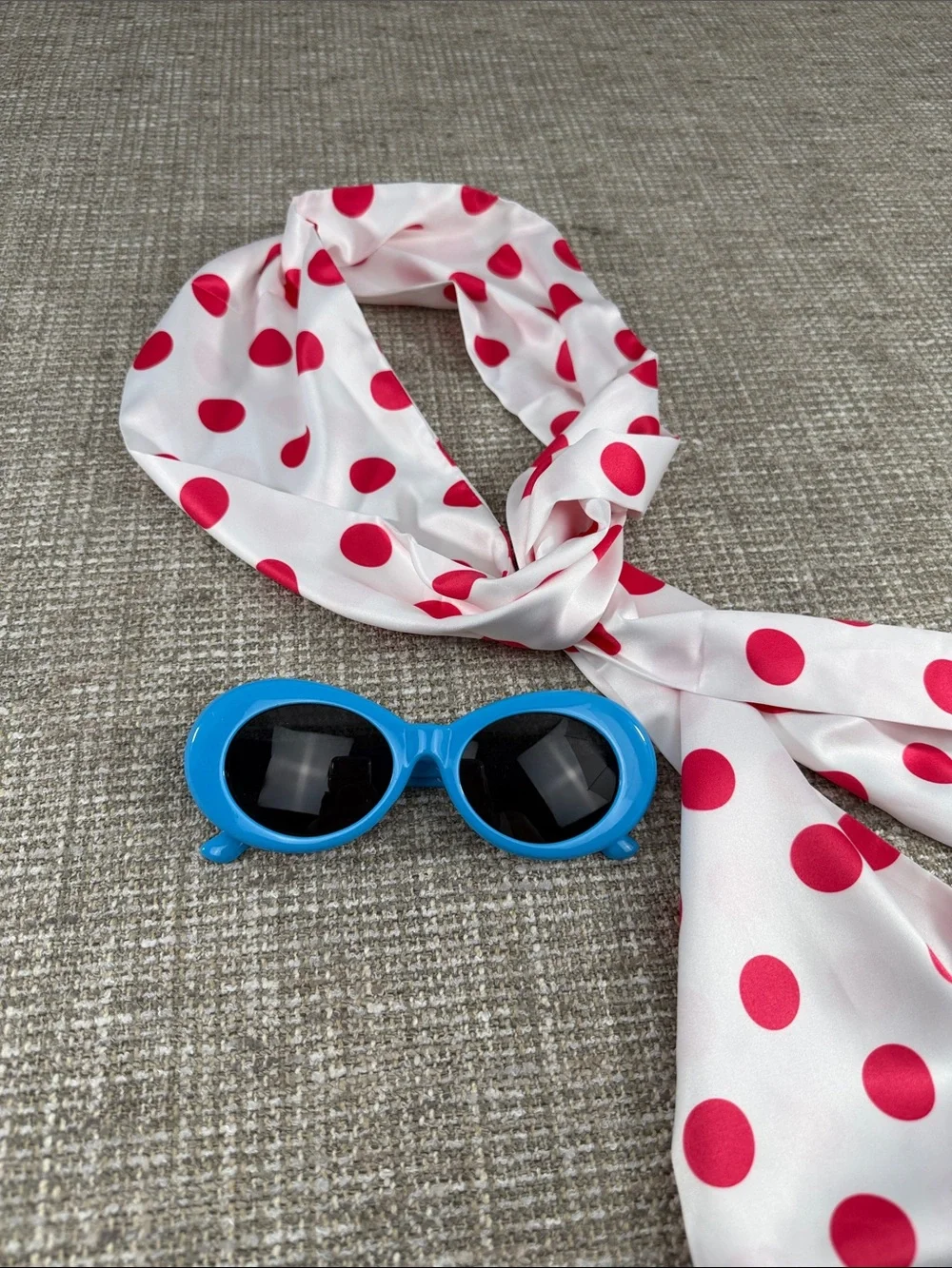 Polka Dot Hair Scarf - Pink on White and blue frame sunglasses 80’s 90’s Ya2K